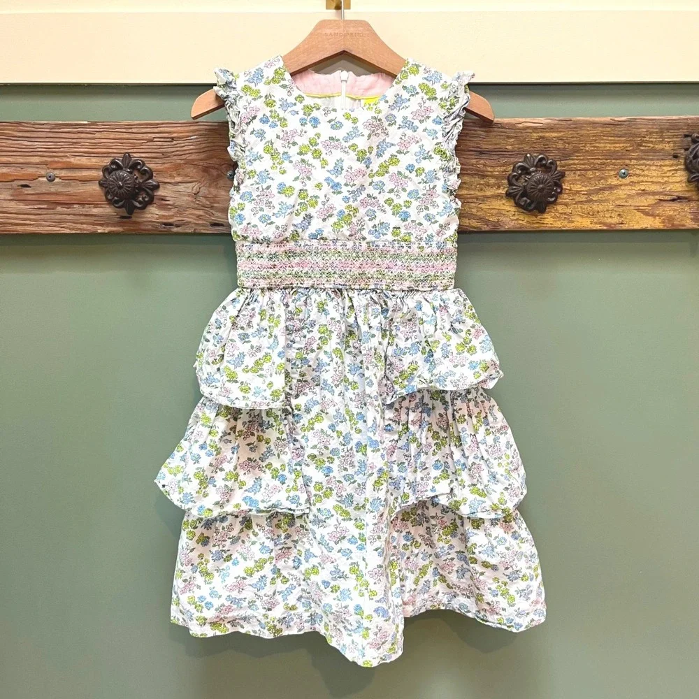 Mini Boden Girls Floral Smocked Tiered Ruffle Dress White Blue Pink 6-7Y